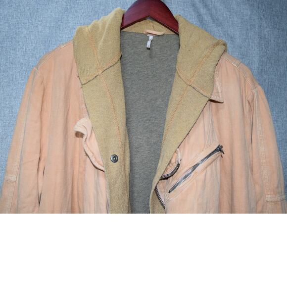 Free People Hooded Utility Jacket Tan Washed Cotton Size M - Picture 3 of 4